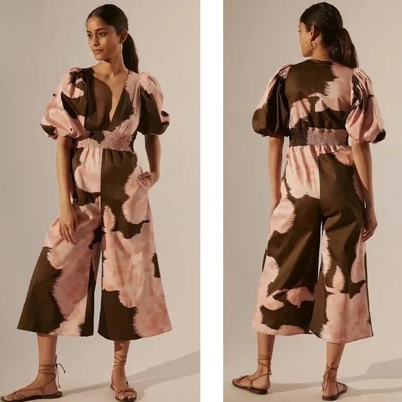 Anthropologie Hutch Isa Jumpsuit Size XS Brown Pink Puff Sleeve Wide Leg